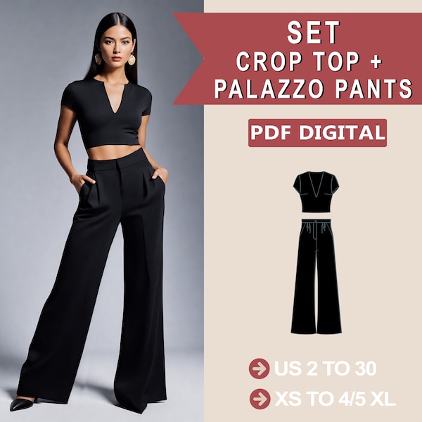 Set Palazzo Pants and Crop Top Sewing Pattern, Zipper Back Top Long Sleeve, Wide Leg Trouser with Pockets, XS-5XL, Bundle PDF Patterns
