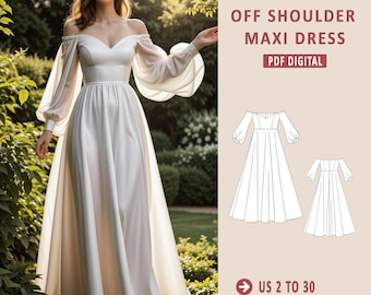 Bischof Ärmel V-Ausschnitt weg von der Schulter Kleid, Kleid Schnittmuster, PDF SweetHeart Neck, Hochzeitskleid, Brautjungfer Kleid, US-Größen 2-30 Größe