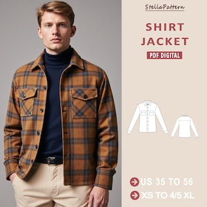 Naaipatroon overhemdjas heren, patroon overhemdjas, klassiek houthakkershirtpatroon voor heren, naaipatroon heren, herenmaat XS tot 4XL