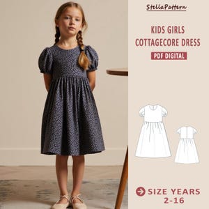 May include: A digital PDF pattern for a cottagecore style dress for girls, sizes 2-16 years. The pattern includes a front and back view of the dress.