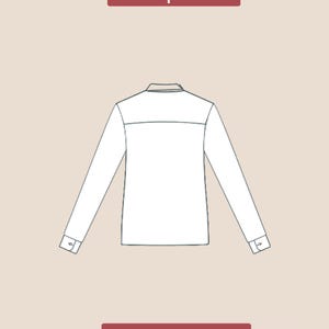 May include: A white long-sleeved shirt pattern with a collar and buttoned cuffs. The pattern is labeled "back pattern" and "PDF DIGITAL".