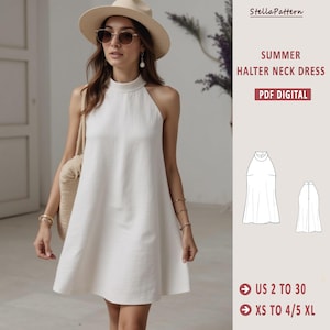 Puede incluir: Un vestido blanco de cuello halter con un cuello alto y un corte holgado. El vestido es sin mangas y tiene una falda fluida. El vestido se muestra en una modelo que lleva un sombrero de paja y gafas de sol. El texto "SUMMER HALTER NECK DRESS PDF DIGITAL" se muestra en la esquina superior derecha de la imagen. El texto "US 2 TO 30 XS TO 4/5 XL" se muestra en la esquina inferior derecha de la imagen.