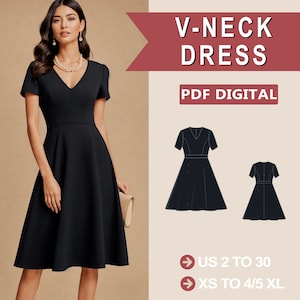 Könnte beinhalten: Ein digitales PDF-Schnittmuster für ein V-Ausschnitt-Kleid. Das Schnittmuster umfasst die Größen US 2 bis 30 und XS bis 4/5 XL. Das Bild zeigt ein schwarzes Kleid mit V-Ausschnitt und kurzen Ärmeln.