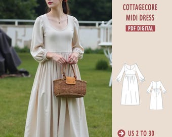 May include: A digital PDF pattern for a cottagecore midi dress. The pattern includes instructions for sizes US 2 to 30 and XS to 4/5 XL.