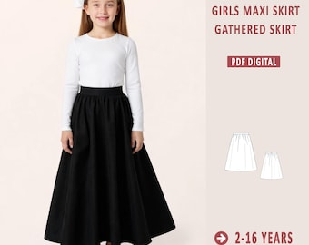 Gathered Maxi Skirt For Girls Sewing Pattern, Girls Semi Elastic Waist Skirt, Kid's Skirt Pattern, Summer Skirt pattern, Size 2-16 Years Age