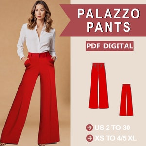 Padrão de calças Palazzo, calças de perna larga, padrão de costura de calças da moda, padrão de calças, padrão de costura, padrão de costura feminina, letra A4 A0 US2-30
