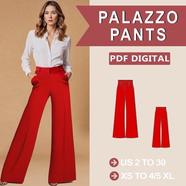 Palazzo broek patroon, wijde pijpen broek, trendy broek naaipatroon, broek patroon, naaipatroon, vrouwen naaipatroon, A4 A0 brief US2-30