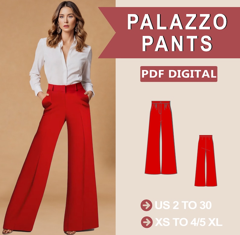 Palazzo Hose Schnittmuster , Hose mit weitem Bein, Trend Hose Schnittmuster , Hosen Schnittmuster, Damen Schnittmuster, A4 A0 Letter US2-30 Bild 1