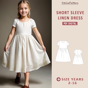 Patrón de vestido de verano de manga corta para niños, patrón de costura de vestidos de niñas, patrón de costura de vestidos de niños en PDF, A0 A4 talla carta estadounidense-niña 2-16 años de edad