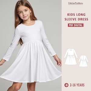 Patrón de costura de vestido de verano fruncido de manga larga, vestido de niña sin mangas con gorra acampanada, patrón de costura de vestido para niños en PDF, tamaño A0 A4, tamaño carta de EE. UU., 2 a 16 años
