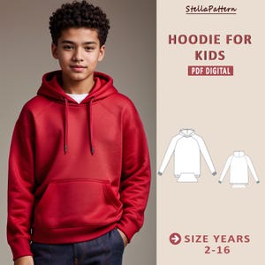 Peut inclure: Un sweat-shirt à capuche rouge pour enfants avec une capuche et une poche kangourou. Le sweat-shirt est présenté sur un mannequin. L'image comprend également un dessin au trait du sweat-shirt en deux tailles. Le texte "Hoodie for Kids" et "PDF Digital" est affiché sur l'image. Le texte "Size Years 2-16" est également affiché sur l'image.
