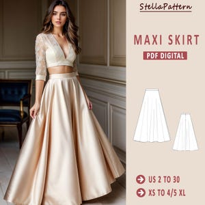 May include: A cream-coloured maxi skirt and crop top ensemble. The skirt is floor-length with a satin finish, paired with a V-neck crop top featuring lace sleeves. The image includes a pattern for the maxi skirt, labelled "MAXI SKIRT PDF DIGITAL".