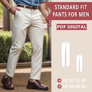 Padrão de costura de calças de ajuste padrão, calças calças pdf padrão de costura masculina, tabela de tamanhos 36 a 56-a4-us formato carta-a0