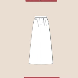 May include: A white back pattern for a skirt with a center seam and pleats at the waist. The text "back pattern" is at the top of the image and "PDF DIGITAL" is at the bottom.