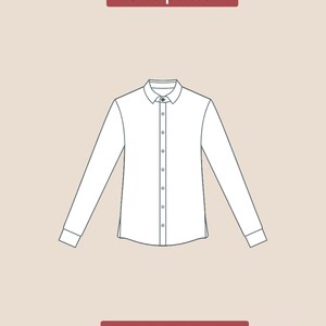 May include: A line drawing of a long-sleeved shirt with a button-up front and a collar. The text "front pattern" is above the shirt and "PDF DIGITAL" is below the shirt.
