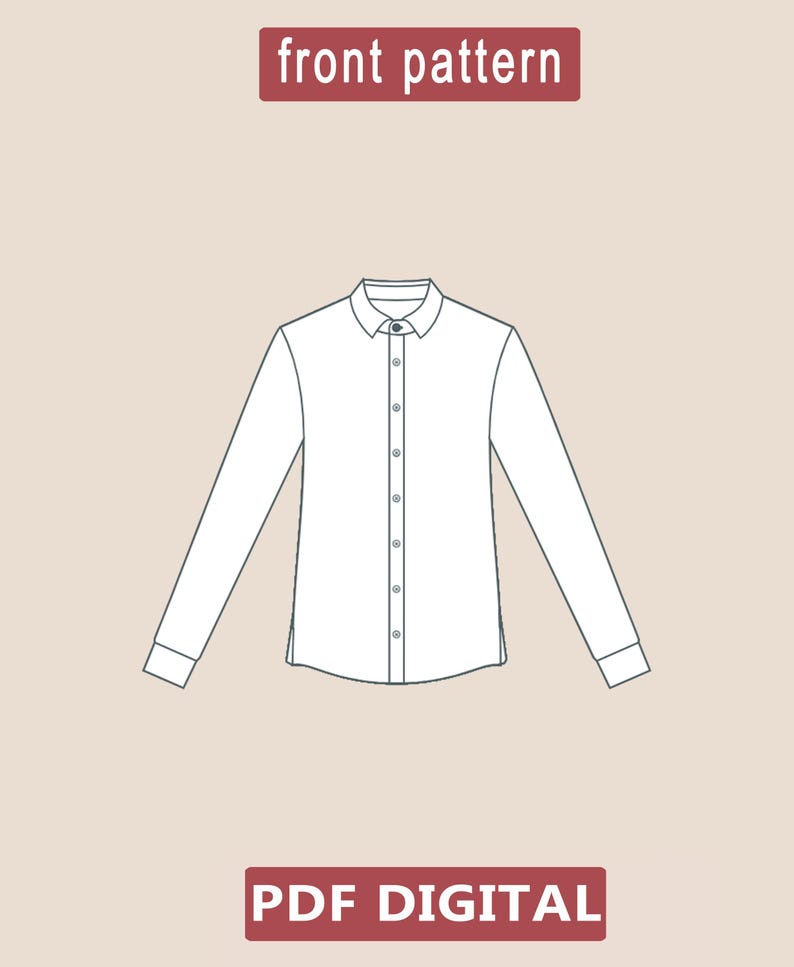 May include: A line drawing of a long-sleeved shirt with a button-up front and a collar. The text "front pattern" is above the shirt and "PDF DIGITAL" is below the shirt.