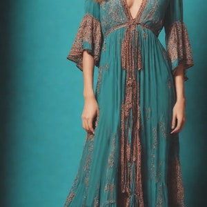 Puede incluir: Una mujer lleva un vestido largo de color azul verdoso con un estampado floral marr&oacute;n. El vestido tiene un escote en V profundo y un lazo en la cintura. El vestido est&aacute; hecho de una tela ligera y tiene una silueta fluida.