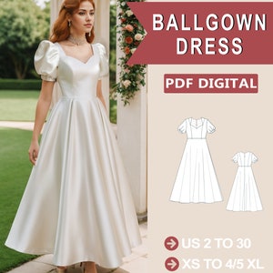 May include: A white ballgown dress with puff sleeves and a sweetheart neckline. The dress is modelled in a garden setting. The image also includes a line drawing of the dress pattern, with the text "BALLGOWN DRESS PDF DIGITAL" and "US 2 TO 30 XS TO 4/5 XL".