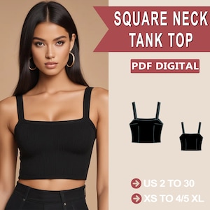 Padrão de costura superior com decote quadrado, XS-XXXL, US 2 a 30, download instantâneo, PDF digital fácil, padrão fácil, letra A4 A0
