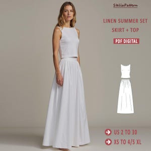 Set linnen top en maxi-rok naaipatroon, linnen verzameld maxirok naaipatroon, rimpelrok, bescheiden rokpatroon, zomerrok