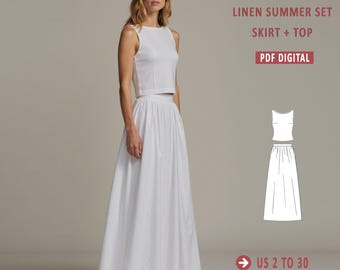 May include: A white linen summer set sewing pattern for a skirt and top. The pattern includes sizes US 2 to 30 and XS to 4/5 XL. The pattern is available as a digital PDF download.  LINEN SUMMER SET SKIRT + TOP PDF DIGITAL