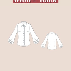 May include: Line drawing of a white button-up shirt with long sleeves and a gathered puff at the shoulder. The shirt is shown from the front and back. The text "front - back" is above the image and "PDF DIGITAL" is below the image.