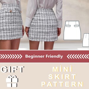 May include: A digital download pattern for a mini skirt with a checkered pattern. The pattern is beginner friendly and includes a gift tag.