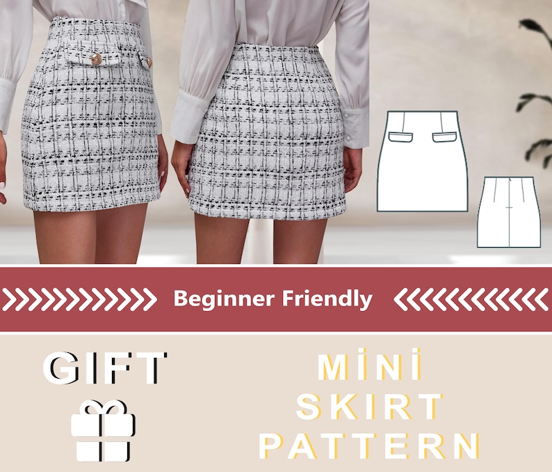 May include: A digital download pattern for a mini skirt with a checkered pattern. The pattern is beginner friendly and includes a gift tag.
