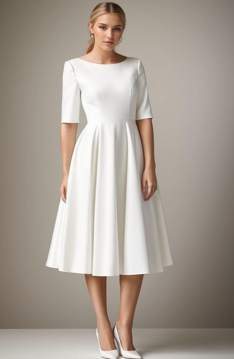 K&ouml;nnte beinhalten: Ein wei&szlig;es Midikleid mit Rundhalsausschnitt und 3/4-&Auml;rmeln. Das Kleid hat einen figurbetonten Oberteil und einen weiten Rock.