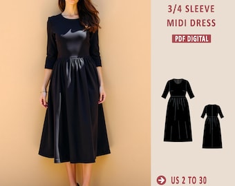 Puede incluir: Un patrón de costura digital para un vestido midi de manga 3/4. El patrón incluye las tallas españolas 34 a 52 y XS a 4/5 XL. El patrón está disponible para descargar en PDF.