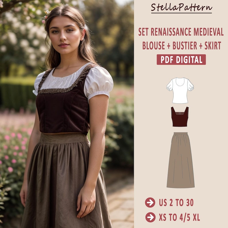 Renaissance Dress Sewing Pattern, Blouse Corset Bustier Skirt Set (XS ...