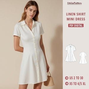 May include: A white linen mini dress with short sleeves and a button-down front. The dress has a collared neckline and a flared skirt. The image includes the text "LINEN SHIRT MINI DRESS PDF DIGITAL".
