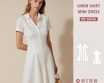 Linen Cottagecore Shirt Dress PDF Pattern: Short Sleeve Button Front (XS-5XL)