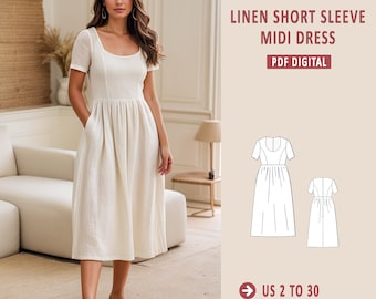 May include: A white linen midi dress with short sleeves and a scoop neckline. The dress has a gathered skirt and pockets. The dress is shown on a model. The image also includes a line drawing of the dress pattern. The text "LINEN SHORT SLEEVE MIDI DRESS" and "PDF DIGITAL" is shown above the dress pattern. The text "US 2 TO 30" and "XS TO 4/5 XL" is shown below the dress pattern.