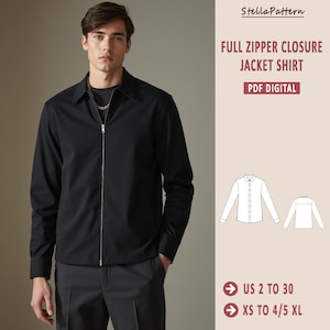 Op de afbeelding: Een zwart ritsjack-shirt naaipatroon. Het patroon is verkrijgbaar in de maten US 2 tot 30 en XS tot 4/5 XL. Het patroon is een digitale PDF-download.