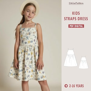 Puede incluir: Una joven lleva un vestido de tirantes con estampado floral, con cuello cuadrado y falda fruncida. El vestido es de color crema con estampados florales azules, amarillos y morados. El texto "KIDS STRAPS DRESS" y "PDF DIGITAL" son visibles. El vestido es para edades de 2 a 16 años.
