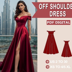 Patrón de costura de vestido de cuello de novia con hombros descubiertos, vestido de fiesta PDF Patrón de costura Descarga instantánea, Vestido de dama de honor, Tallas de EE. UU. 2-30 Tallas grandes imagen 1