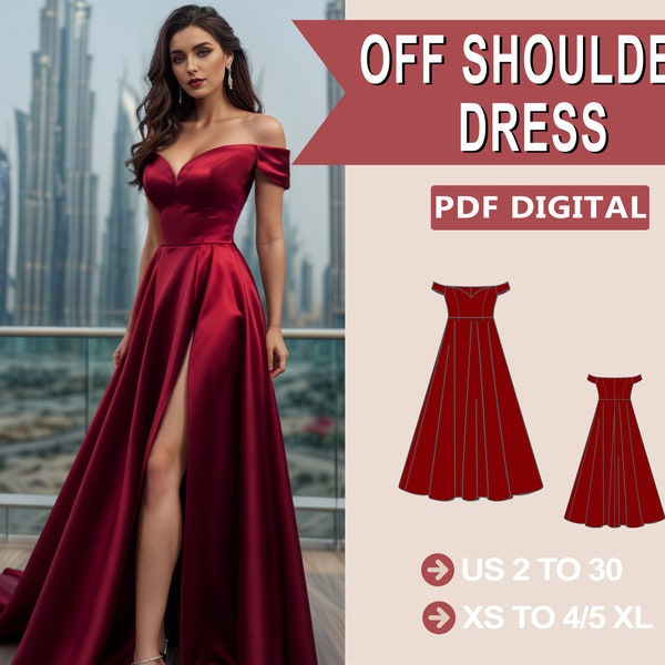 Off Shoulder Sweetheart Neck Dress Sewing Pattern, Prom Dress PDF Sewing Pattern Instant Download, Bridesmaid Dress, US Sizes 2-30 Plus Size