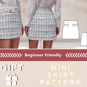 May include: A digital download pattern for a mini skirt with a checkered pattern. The pattern is beginner friendly and includes a gift tag.