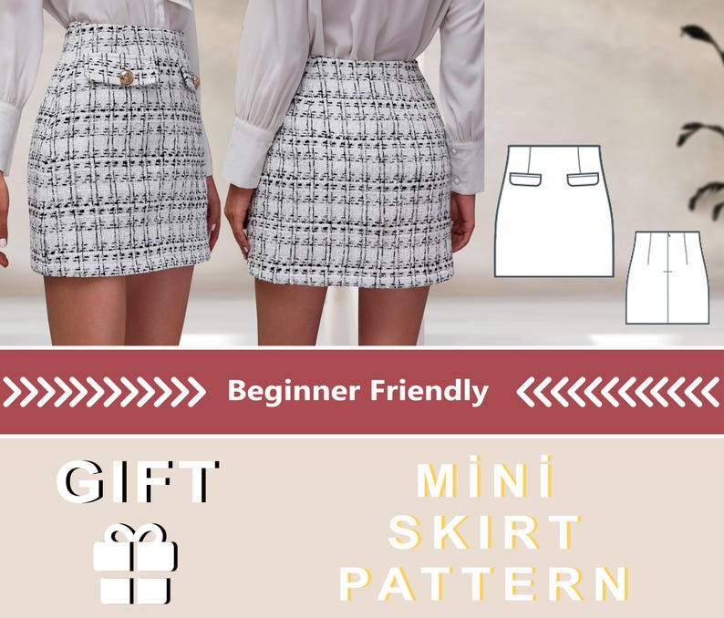 May include: A digital download pattern for a mini skirt with a checkered pattern. The pattern is beginner friendly and includes a gift tag.
