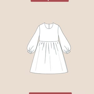 May include: A line drawing of a dress pattern with long, puffy sleeves and a gathered skirt. The text "front pattern" is at the top, and "PDF DIGITAL" is at the bottom. The dress design is in white on a light brown background.