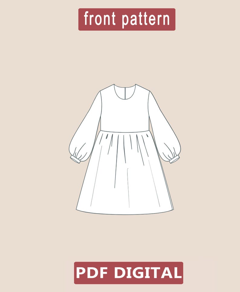 May include: A line drawing of a dress pattern with long, puffy sleeves and a gathered skirt. The text "front pattern" is at the top, and "PDF DIGITAL" is at the bottom. The dress design is in white on a light brown background.