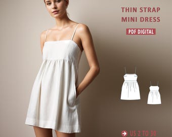 Thin Strap Linen Mini Dress, Pocketed Linen dress Pattern, A-Line Dress Pattern,Easy Dress Pattern, Elegant Dress Pattern,PDF Sewing Pattern