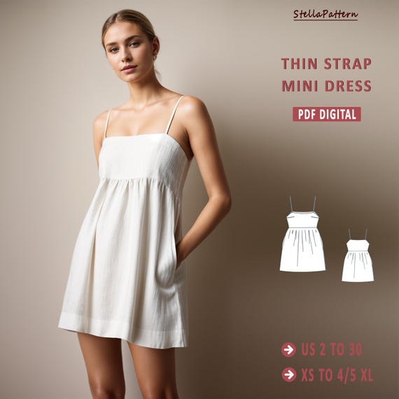 Thin Strap Linen Mini Dress, Pocketed Linen dress Pattern, A-Line Dress Pattern,Easy Dress Pattern, Elegant Dress Pattern,PDF Sewing Pattern