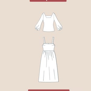 May include: A digital sewing pattern for a white dress and top. The dress has a square neckline and thin straps. The top has long sleeves with a square neckline. The text "front pattern" and "PDF DIGITAL" is included in the image.