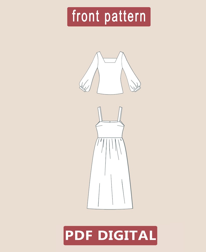 May include: A digital sewing pattern for a white dress and top. The dress has a square neckline and thin straps. The top has long sleeves with a square neckline. The text "front pattern" and "PDF DIGITAL" is included in the image.