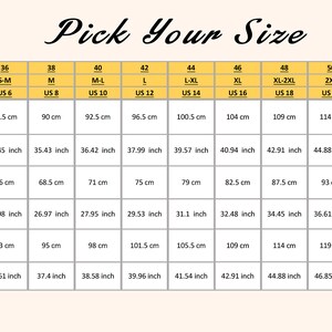 May include: Size chart with measurements in inches and centimeters for bust, waist, and hips. The chart includes sizes from XS to 6XL.