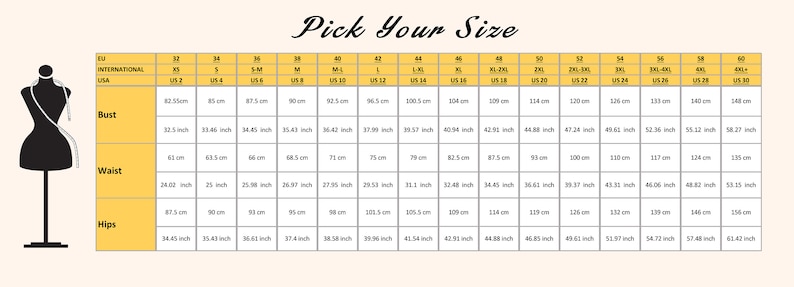 May include: Size chart with measurements in inches and centimeters for bust, waist, and hips. The chart includes sizes from XS to 6XL.