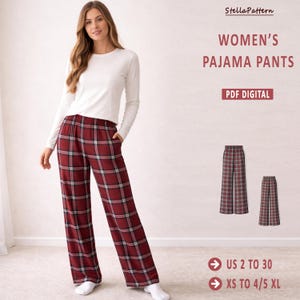 May include: Red plaid pajama pants with a white long-sleeve shirt. The image includes the text "WOMEN'S PAJAMA PANTS" and "PDF DIGITAL". Sizes range from US 2 to 30 and XS to 4/5 XL. The pants have a classic plaid pattern.