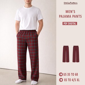 May include: A person wearing red plaid pajama trousers and a white t-shirt. The trousers feature a classic plaid pattern in red, black, and teal. The image also includes the text "MEN'S PAJAMA PANTS" and "PDF DIGITAL".
